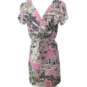 Zara Womens Multicolor Fun Print  Short Sleeve Wrap Dress Pink Black White S